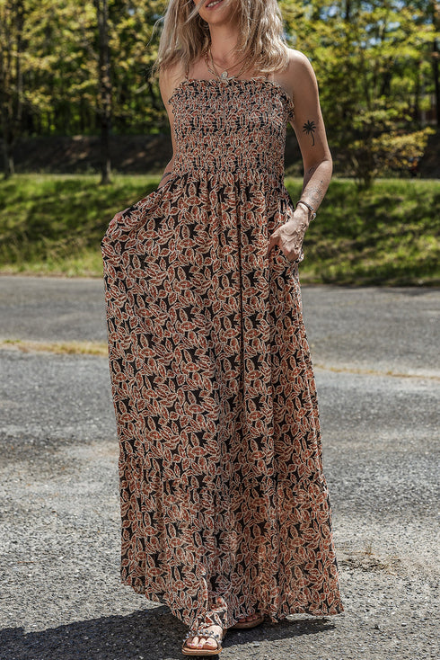 Botanical Print Shirred Bodice Tiered Flowy A-Line Maxi Dress